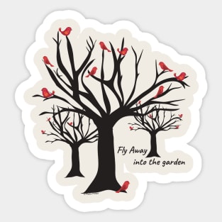 Fly Away—into the garden (Winter Cardinals) Sticker